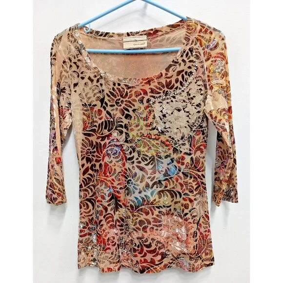 VTG Y2K Carrie Allen Top Womens Small Floral Burnout Velvet Embellished Grunge - Picture 1 of 11